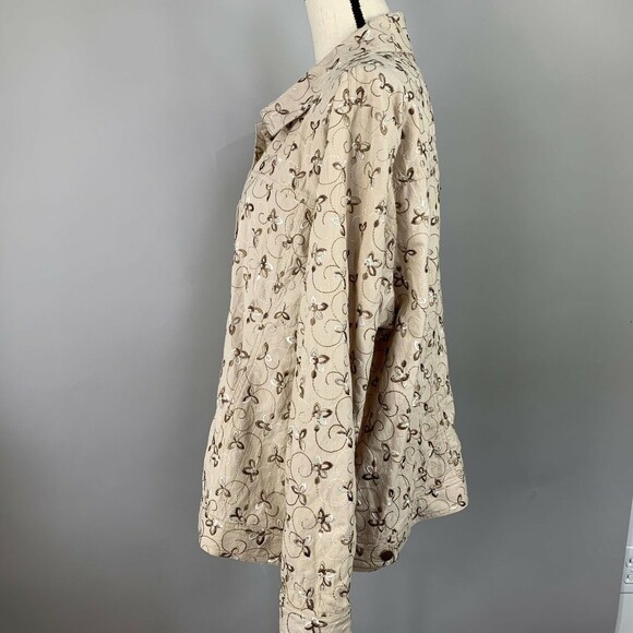 Leslie Fay Woman Button Up Shacket Plus 2X Beige Embroidered Cotton - Picture 5 of 11